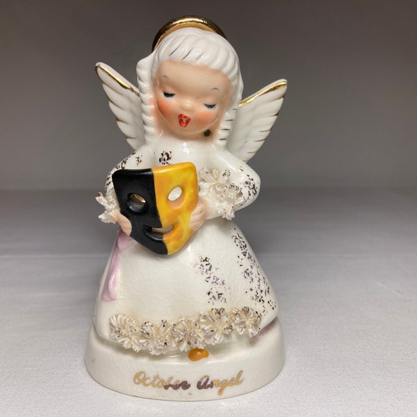 Vintage NAPCO Ceramic October Angel Birthday Figurine w/ Mask Spaghetti Trim Japan S1370