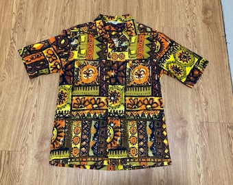 Vintage 1960s 70s Mens Tiki Hawaiian Shirt: Brown Gold Orange Made in Hawaii S/M
