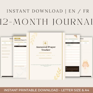 Può includere: Pagine di diario stampabili con il testo "Answered Prayer Tracker" e "12-MONTH JOURNAL". Le pagine sono in una palette di colori neutri con accenti dorati e includono il testo "INSTANT DOWNLOAD | EN / FR".