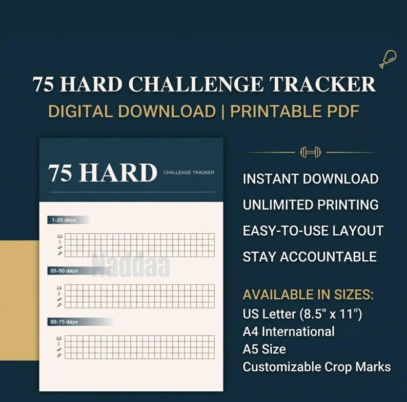 75 Hard Challenge Tracker Printable, Minimalist Habit Tracker PDF, 75 ...