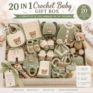 20-in-1 Crochet Baby Gift Box Pattern Bundle (PDF) | Blanket, Cardigan, Bonnet, Bear, Bib, Booties