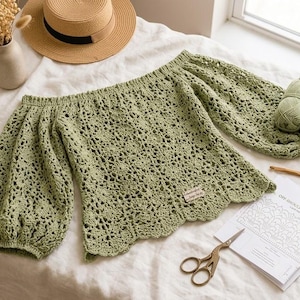 Off Shoulder Crochet Top Pattern PDF |Bohemian Crochet Pattern | Lacy Summer Blouse |Romantic Crochet Sweater |Intermediate Crochet Crop Top