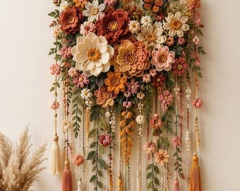 Puede incluir: Un tapiz de pared con una colección de flores de ganchillo en tonos crema, naranja, rosa y rojo, acentuado con hojas verdes y una mariposa. El arreglo cuelga de una rama de madera con borlas de hilo y cuentas colgantes.