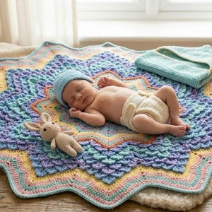 May include: A newborn baby wearing a blue hat and diaper lies on a colorful, star-shaped crochet blanket. A small stuffed bunny and a matching blue hooded towel are nearby. A basket of yarn and crochet needles are also in the image.