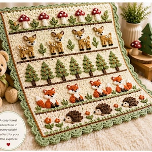 May include: A rectangular crochet blanket featuring rows of forest-themed appliques including red and white mushrooms, brown deer, green pine trees, orange and white foxes, and brown hedgehogs on a cream background with a scalloped sage green border.