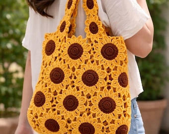 Patrón de bolso de ganchillo con diseño de girasoles / Bolso floral cuadrado estilo abuela (PDF)