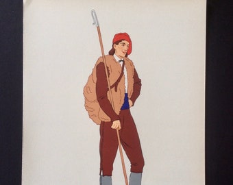 Vintage 1930s Pochoir FRENCH Fashion Print Illustration PYRENEES Man France Photolithography Stencil Regional Costume Shepherd