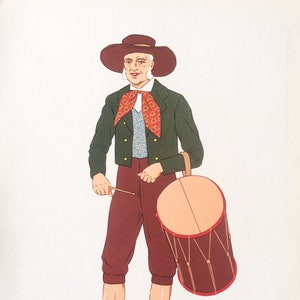 Vintage 1930s Pochoir FRENCH Fashion Print Illustration PROVENCE Tambourine Player France Photolithography Stencil Regional Costume