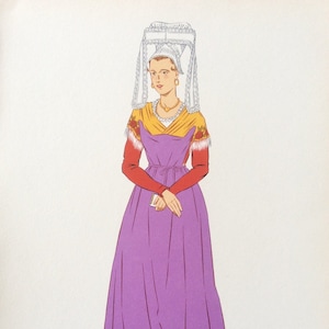 Vintage 1930s Pochoir FRENCH Fashion Print Illustration NORMANDY France Photolithography Stencil Regional Costume Dress Shawl