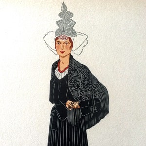 Vintage 1930s Pochoir Fashion Print Illustration Regional French Costume Sables D&#39;olonne Photolithography Stencil Lace Hat Shawl Bonnet