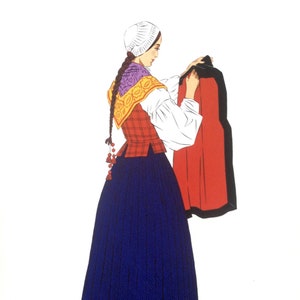Vintage 1930s Pochoir FRENCH Fashion Print Illustration PYRENEES Married Woman France Photolithography Stencil Regional Costume Dress