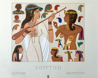 May include: An illustration of ancient Egyptian people playing music and wearing traditional clothing. The image includes a woman playing a stringed instrument and a man playing a flute. The image also includes several smaller illustrations of different types of headdresses and jewellery.