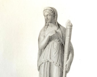 Antique Print 1856 STATUE of CERES 160yr old Antique Engraving Ancient Greek Sculpture British Museum Folio Book Plate Demeter Daduchus