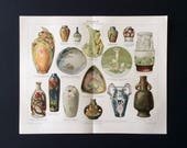 Antique Print 1890s German Colour Chromolithograph CERAMICS Vase Porcellain