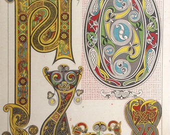 Antique Irish 1872 ILLUMINATED MANUSCRIPT LETTERING Victorian Gaelic Font Celtic Illustration Bookplate