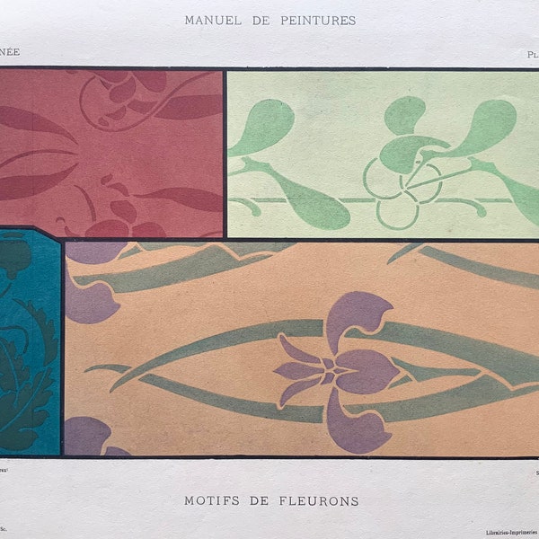 Pochoir Print Midden tot late jaren 1800 Manuel De Peintures Decoratieve Floral Design Hand Gekleurde Orchidee Poppy Franse Parijs Decor Hand Gekleurd