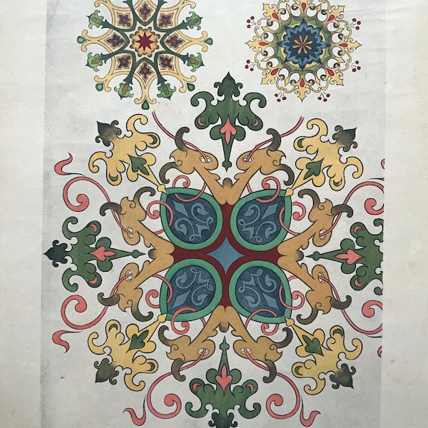 Zeldzame Pochoir Print Midden tot Late jaren 1800 Manuel De Peintures Decoratieve Motief Ontwerp Hand Gekleurd Patroon Frans Parijs Decor Hand Gekleurd