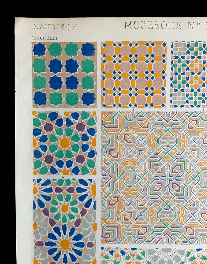 Antique 1856 MOORISH DECORATIVE Art Chromolithograph Bookplate Owen Jones Grammar of ORNAMENT Print Interior Home Decor Design Reference