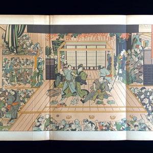 Rare 1889 Image of a Japanese Theatre Large Triple Plate Lithograph by Toyokuni Artistic Japan Antique Print S.Bing Liberty London