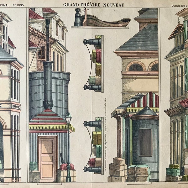 Rare Antique Print 1896 PELLERIN Toy Theatre IMAGERIE D'EPINAL Papiertheater Paper Theatre Scenery 1890s Puppet Port Dock Shipping