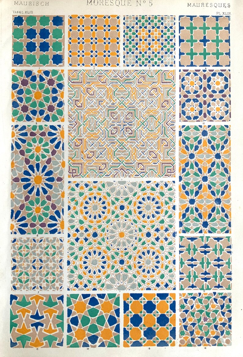 Antique 1856 MOORISH DECORATIVE Art Chromolithograph Bookplate Owen Jones Grammar of ORNAMENT Print Interior Home Decor Design Reference