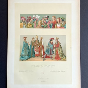 1888 Antique Print Chromolithograph Le Costume Historique Print RACINET 15th C European Fashion Coutures