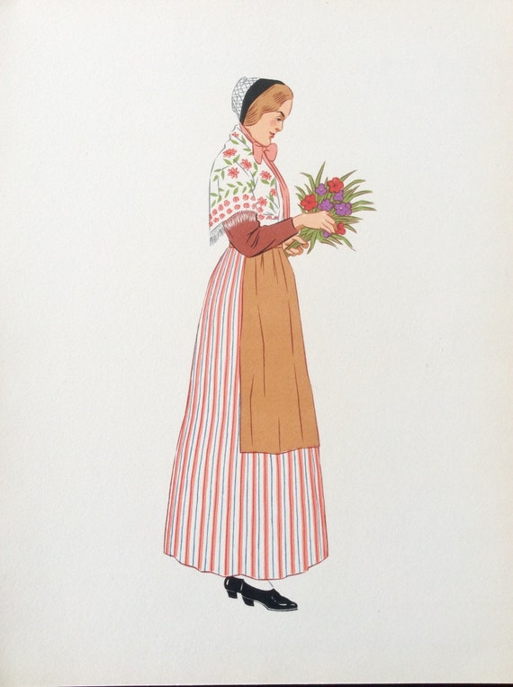 typical dress of france Vintage 1930s Pochoir Fashion Print Illustration Regional French Costume Photolithograph Stencil Regional Costume Bouquet Shawl Apron Beach Maxi Dress for Butter Rib Outfit Color:Vintage Blue*