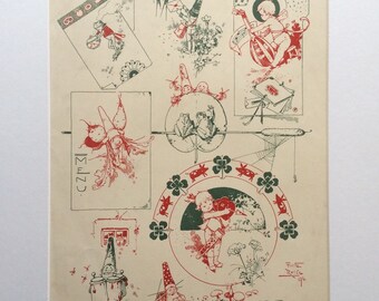 Antique GNOME Humorous Sketches Lithograph Bookplate Print Interior Design 1890s Home Nursery Decor