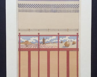 Raro 1910 Original Art Nouveau Pochoir Francés Grabado Antiguo Henry Guedy LA DECORACIÓN ARTISTIQUE Periódico Thézard Molino de Viento Escena Rural