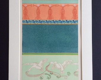 May include: A vintage illustration of a decorative frieze for a vestibule. The frieze features a repeating pattern of stylized flowers and leaves in shades of pink, red, and green. The illustration is from the journal "La Decoration Artistique" and is labeled "Planche 43".