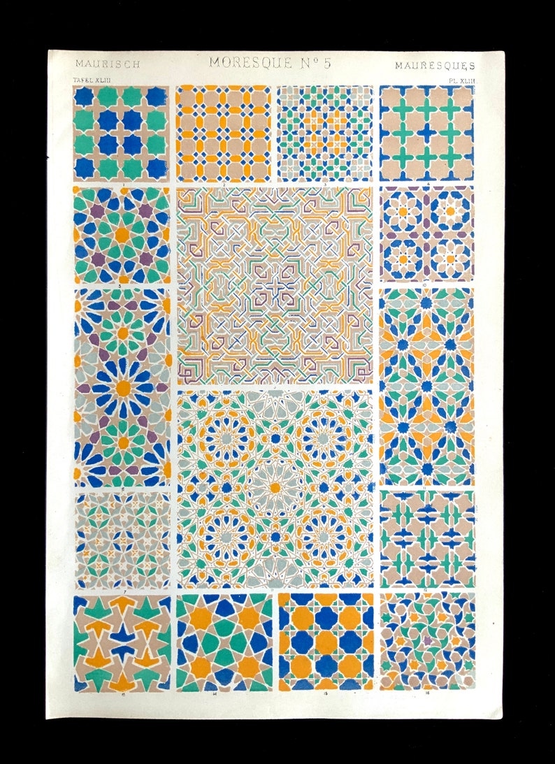 Antique 1856 MOORISH DECORATIVE Art Chromolithograph Bookplate Owen Jones Grammar of ORNAMENT Print Interior Home Decor Design Reference
