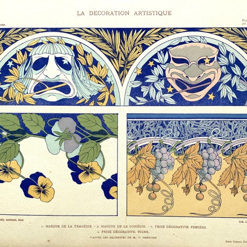 Rare 1905 Original Art Nouveau French Pochoir Antique Theatre Print Henry Guedy LA shops DECORATION ARTISTIQUE Periodical Folio Plate Thézard