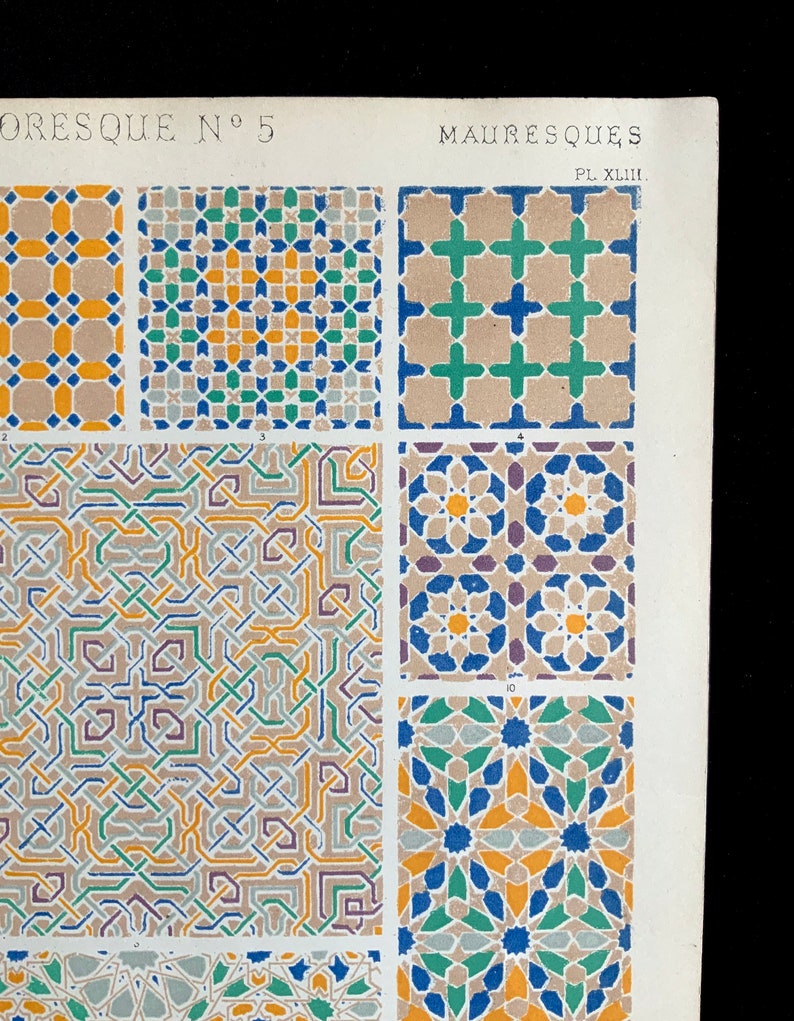 Antique 1856 MOORISH DECORATIVE Art Chromolithograph Bookplate Owen Jones Grammar of ORNAMENT Print Interior Home Decor Design Reference
