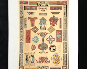 Antique 1856 CELTIC DECORATIVE Art Chromolithograph Bookplate Owen Jones Grammar of ORNAMENT Print Interior Home Decor Design Reference