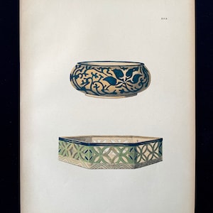 May include: Two ceramic bowls with intricate designs. The top bowl is round with a blue and gold floral pattern. The bottom bowl is square with a green and black geometric pattern.