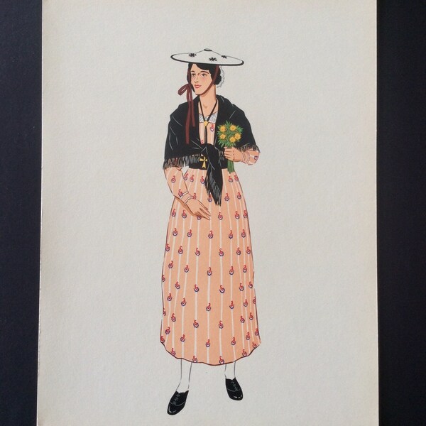 Vintage 1930s Pochoir FRENCH Fashion Print Illustration PROVENCE NICE France Photolithography Stencil Regional Costume Dress Apron