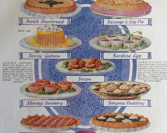 Vintage 1950s CAKE Bookplate Culinary Food Cookery Print  PASTRY PIE Pudding Jelly