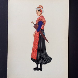 Vintage 1930s Pochoir FRENCH Fashion Print Illustration SAVOY Woman France Photolithography Stencil Regional Costume Dress