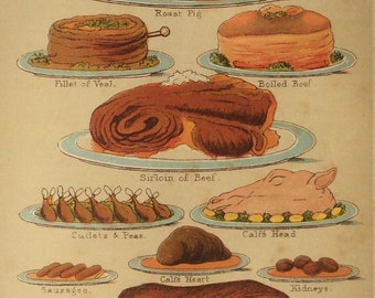 Antique Print Victorian 1896 Bookplate Mrs Beeton's Culinary Food Chromolithograph Print MEAT Platter 1890s Joints Entrees PIG Veal Mutton