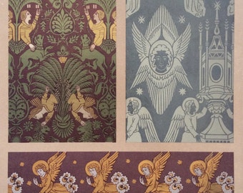 1877 L’Ornement des Tissus Decorative Antique Print Chromolithograph Gilt ANGEL 18th Century Decor Print