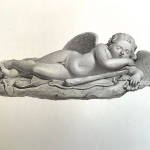 Antique Print 1856 STATUE of SOMNUS CUPID 160yr old Antique Engraving Ancient Greek Statue Sculpture British Museum Folio Book Plate myth