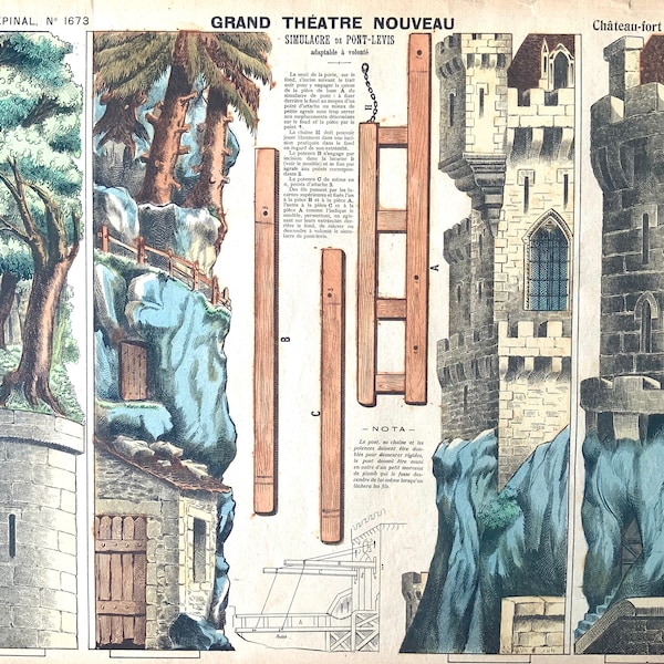 Rare Antique Print 1896 PELLERIN Toy Paper Theatre IMAGERIE D'EPINAL Papiertheater Castle Scenery 1890s Puppet Fortification