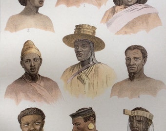 Grabado antiguo 1890 Cromolitografía ETNOLOGÍA Razas de Hombre Victoriano Print ROSTROS AFRICANOS