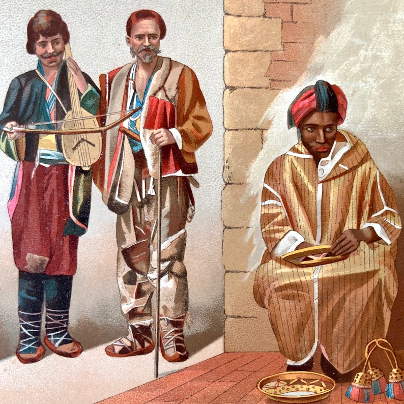 1888 French Antique Chromolithograph Le Costume Historique Print AFRICA AFRICAN Dress Historic Fashion RACINET