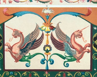 Antique Print 1856 ITALIAN Decorative Art MYTHICAL BEAST Chromolithograph Bookplate Owen Jones Grammar Ornament Interior Design Reference