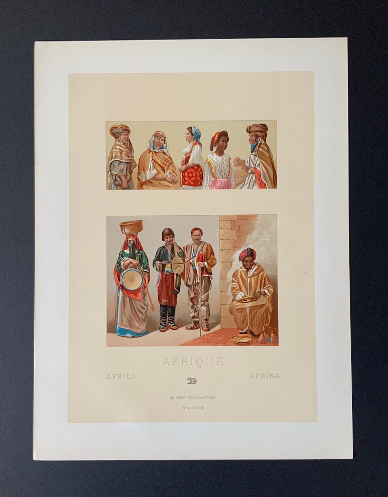 1888 French Antique Chromolithograph Le Costume Historique Print AFRICA AFRICAN Dress Historic Fashion RACINET