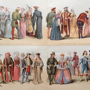 Antique Print Chromolithograph 1890 COSTUME FASHION Rare Bookplate 1800s Ruff Cape Bonnet