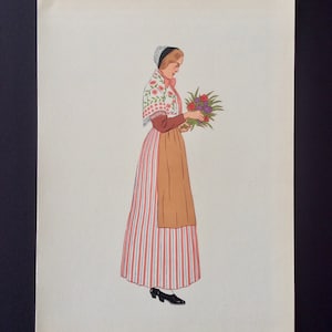 Vintage 1930s Pochoir Fashion Print Illustration Regional French Costume France Photolithograph Stencil Regional Costume Bouquet Shawl Apron
