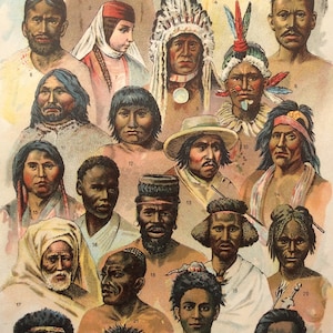 Antique Print French 1890 Chromolithograph ETHNOLOGY  Ethnographic RACES of Man