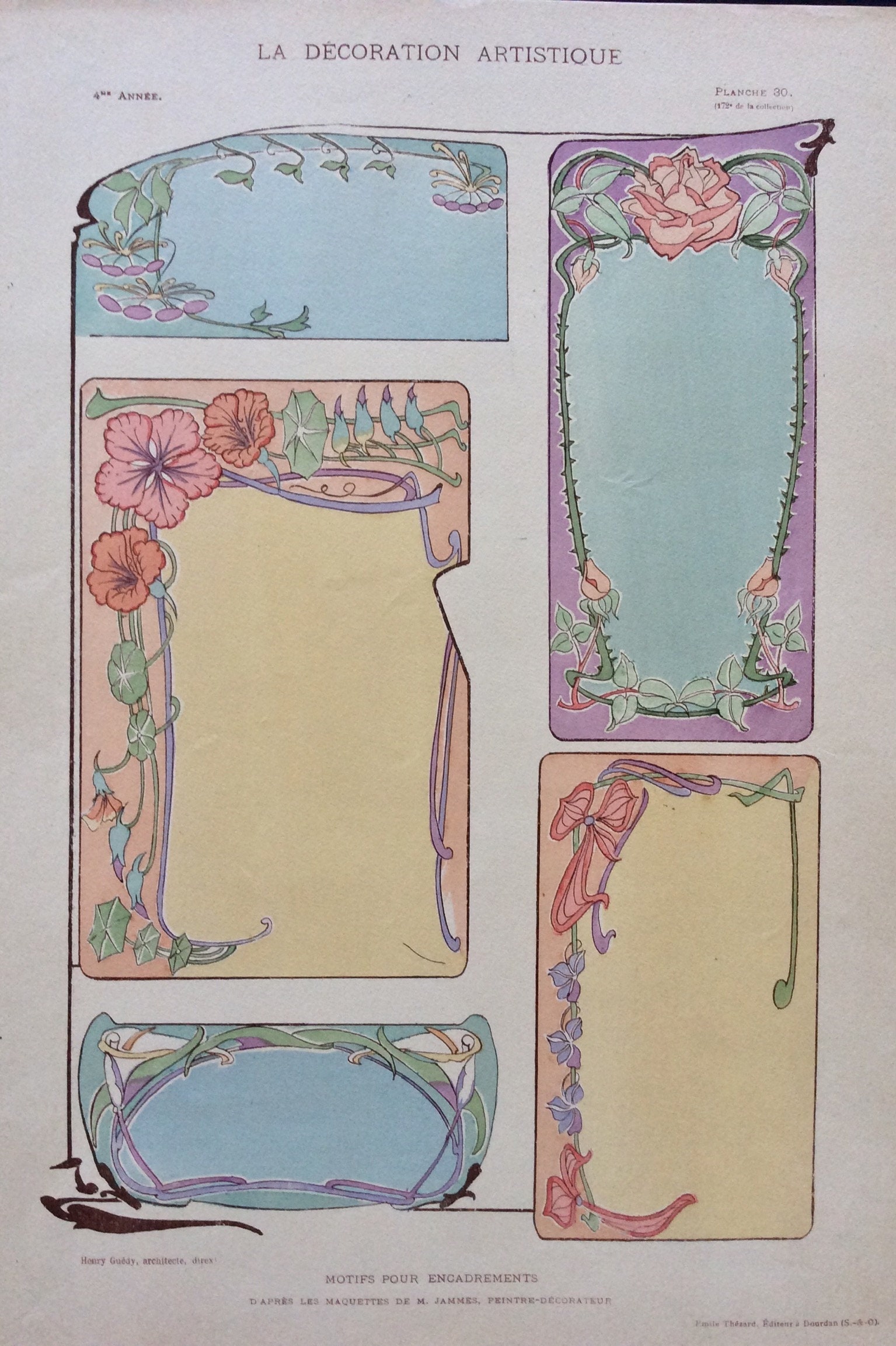 Rare 1908 Original Art Nouveau French Pochoir Antique Print Henry Guedy LA DECORATION ARTISTIQUE Periodical Folio Plate Th\u00e9zard Decorating
